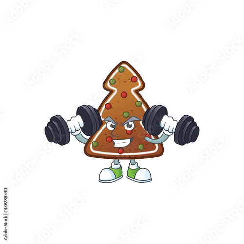 Fitness exercise gingerbread tree cartoon character using barbells