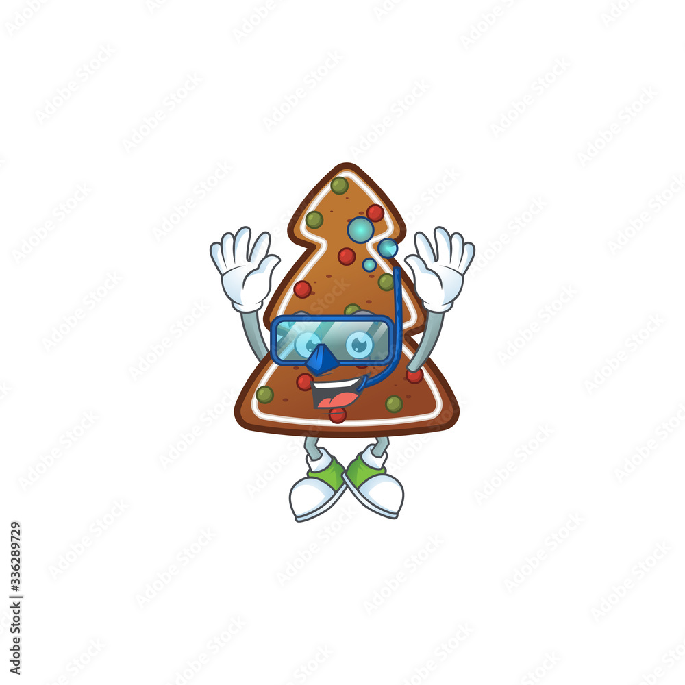 Mascot design concept of gingerbread tree wearing Diving glasses