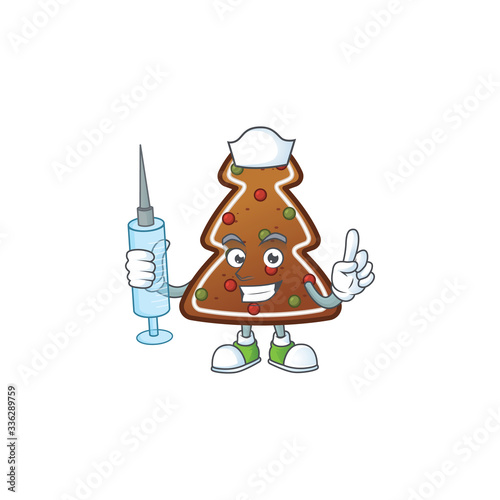 Friendly Nurse gingerbread tree mascot design style using syringe