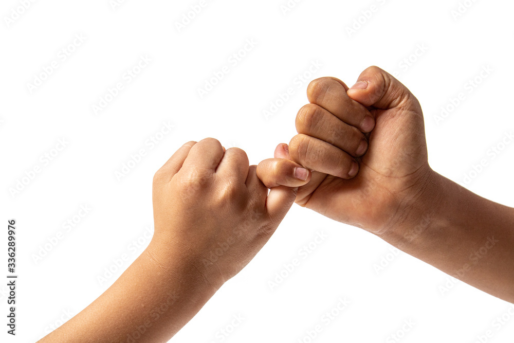 Hand of two young boy making a pinky promise isolated on white background. Promises to do business together. - obrazy, fototapety, plakaty 
