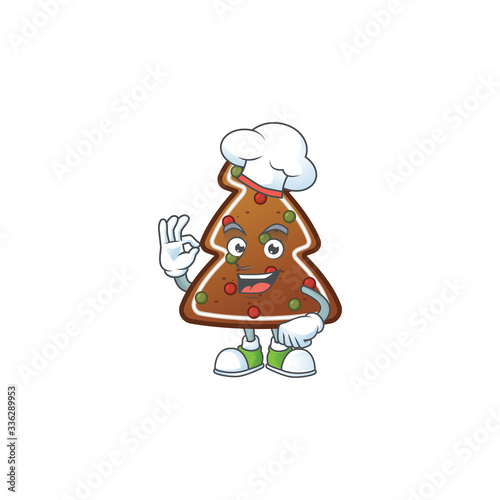 Gingerbread tree cartoon design style proudly wearing white chef hat