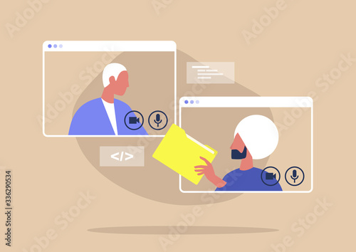 Video call conference, working from home, social distancing, business discussion, colleagues sharing materials