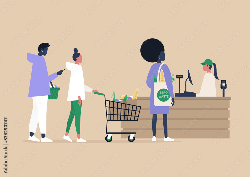 Cashier at the Grocery store, A line of clients buying groceries at the supermarket register counter, Daily life Cashier at the Grocery store, A line of clients buying groceries at the supermarket register counter, Daily life