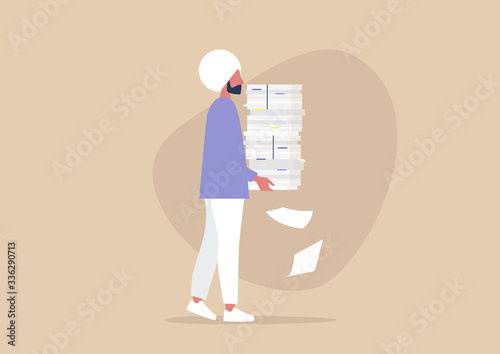 Bureaucracy concept, young indian male character carrying a big heap of paper documents, overwhelmed at work