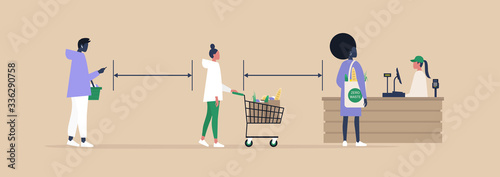 Social distancing, a line of customers near the checkout , Coronavirus outbreak instructions