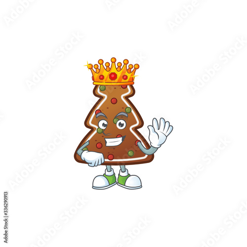The Charismatic King of gingerbread tree cartoon character design wearing gold crown