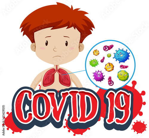 Font design for word covid-19 with boy and bad lungs