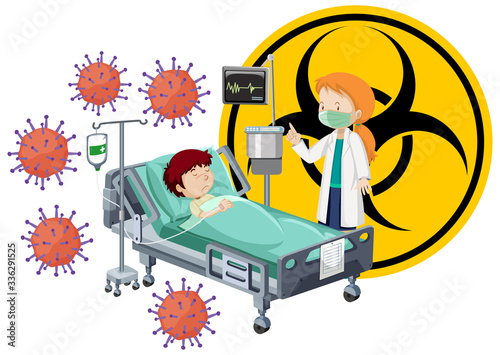 Poster design for coronavirus theme with boy in hospital bed