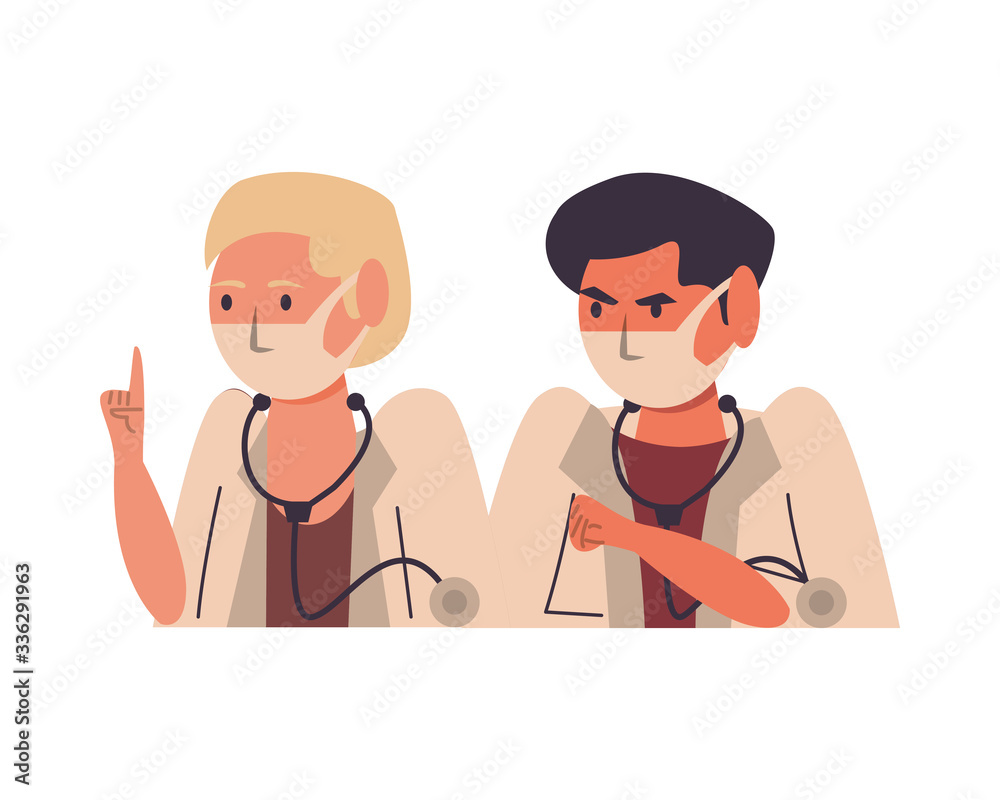 doctors couple using face masks characters doctors couple using face masks characters
