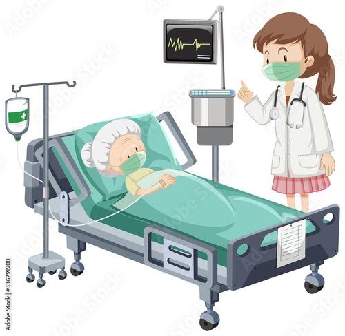 Hospital scene with sick patient in bed on white background