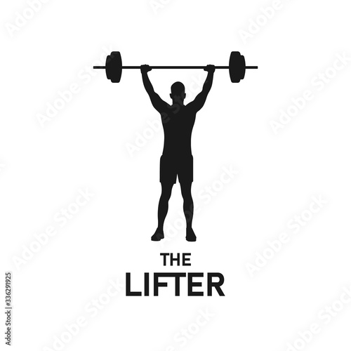 Standing muscular man lifting weights silhouette. Male bodybuilder icon. Body building sign or symbol. Gym activity. Fitness logo concept. Workout equipment. Biceps muscle - vector illustration.