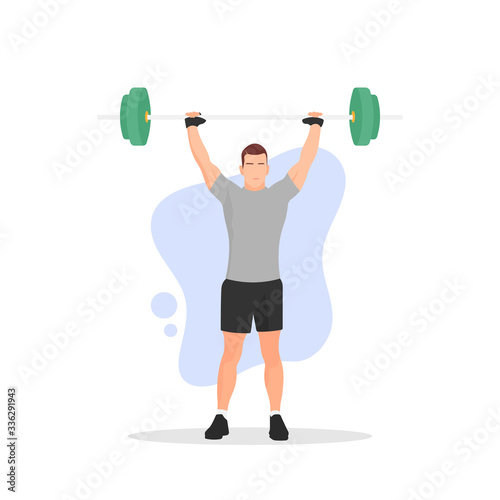 Standing muscular man lifting weights. Male bodybuilder icon. Body building sign or symbol. Gym activity. Fitness concept. Workout equipment. Biceps muscle - Simple flat vector character illustration.