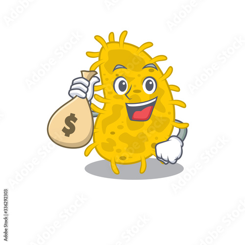 Rich bacteria spirilla cartoon design holds money bags