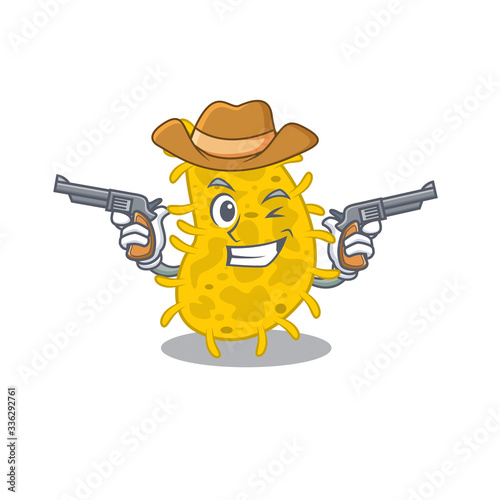 Cute handsome cowboy of bacteria spirilla cartoon character with guns