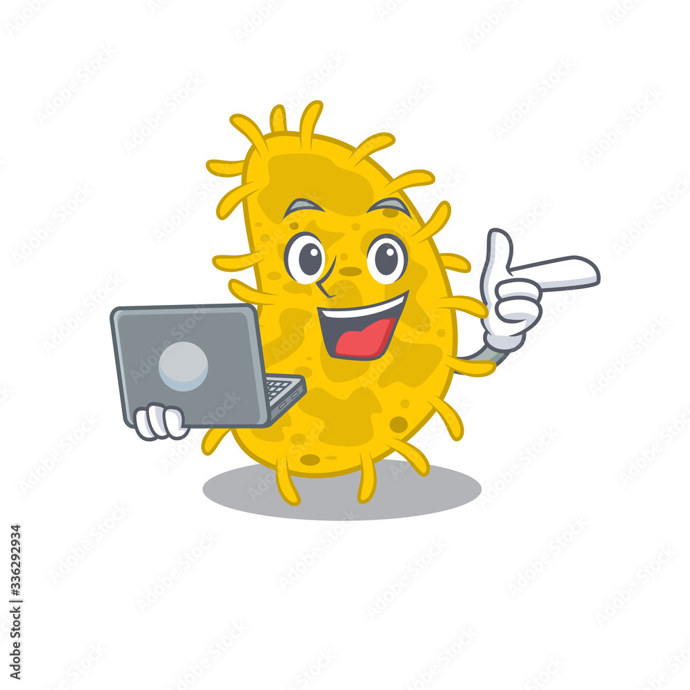 Cartoon character of bacteria spirilla clever student studying with a laptop