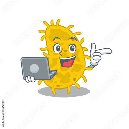 Cartoon character of bacteria spirilla clever student studying with a laptop