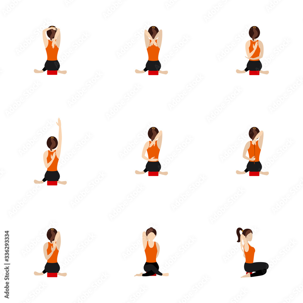 Cow face pose yoga asanas set with props/ Illustration stylized woman practicing gomukhasana with a block Cow face pose yoga asanas set with props/ Illustration stylized woman practicing gomukhasana with a block
