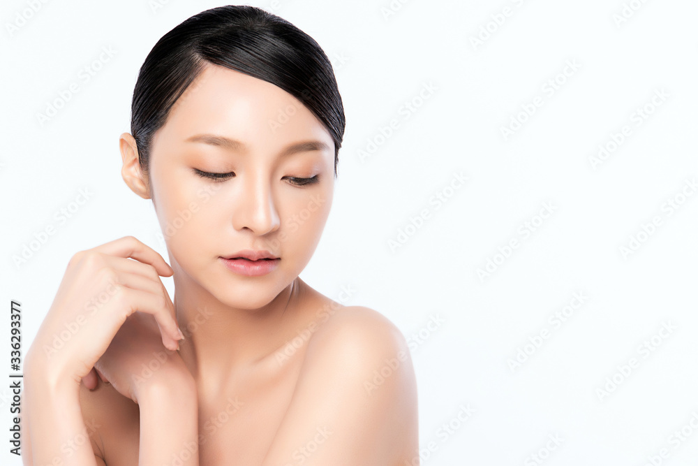 Beautiful Young Asian Woman with Clean Fresh Skin. Face care, Facial treatment, Cosmetology, beauty and healthy skin and cosmetic concept, woman beauty skin isolated on white background Beautiful Young Asian Woman with Clean Fresh Skin. Face care, Facial treatment, Cosmetology, beauty and healthy skin and cosmetic concept, woman beauty skin isolated on white background