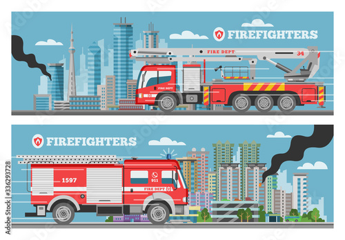 Fire truck rescue engine transportation, firefighter emergency cars in cityspace buldings banners set vector illustrations. Firetrucks transport with ladder, alarm siren, 911 service.