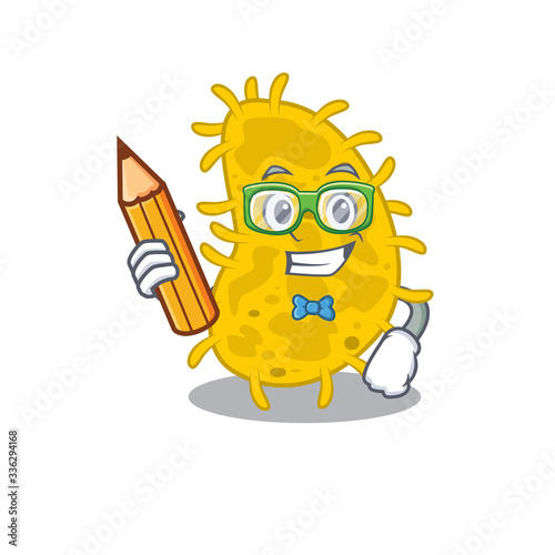 A brainy student bacteria spirilla cartoon character with pencil and glasses