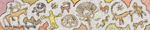 Panel on the ethnic theme. A series of petroglyphs, rock paintings of Central Asia, vector design. 