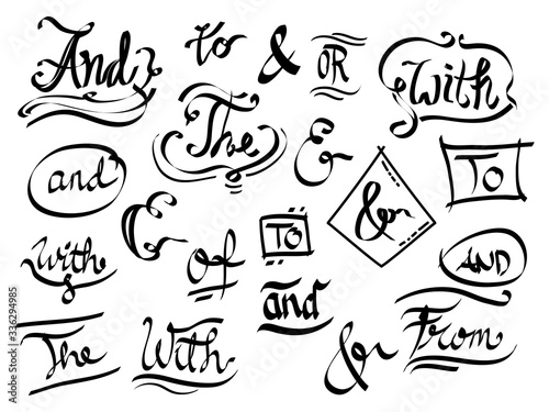 Hand drawn catchwords and ampersands  design elements set. doodle vector illustration