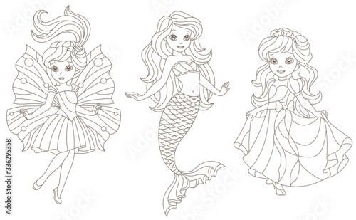 Set of stained glass elements with fairy tale characters, Princess, fairy and mermaid,dark outlines isolated on white background