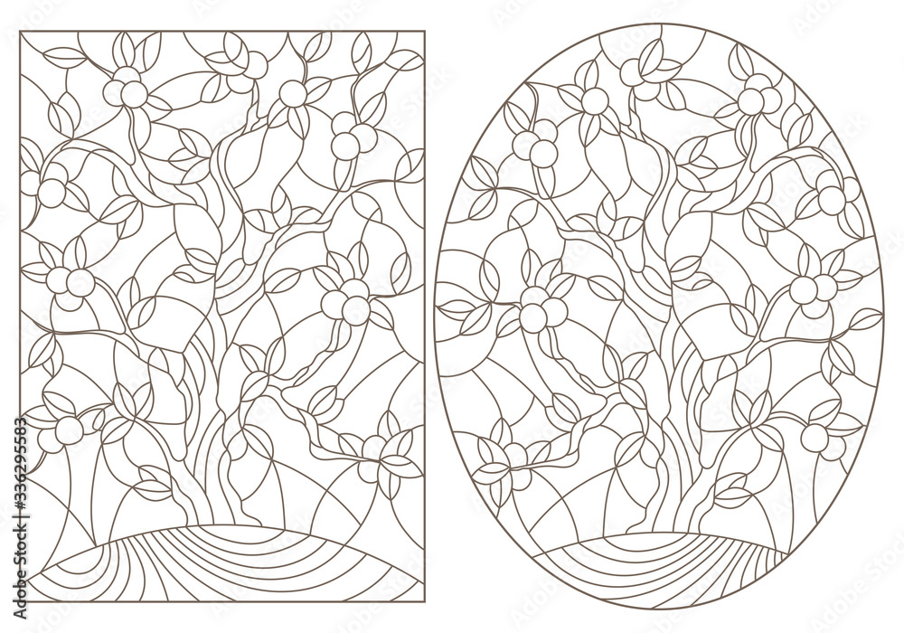 Set contour illustrations of stained glass with the image of the apple trees, dark outlines on white background