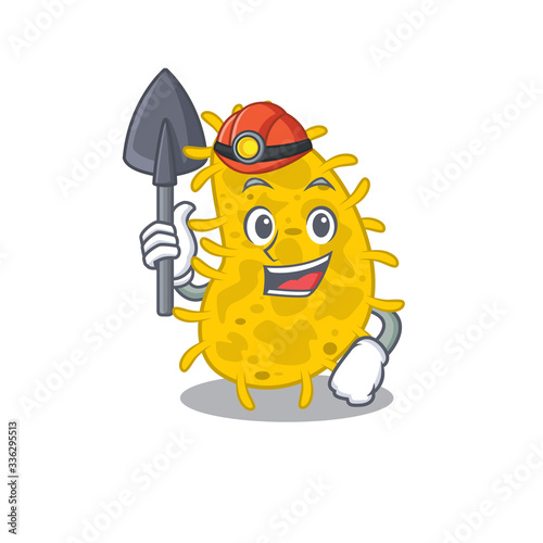 Bacteria spirilla miner cartoon design concept with tool and helmet