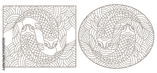 Set contour illustrations of stained glass with abstract fishes , black contour on white background