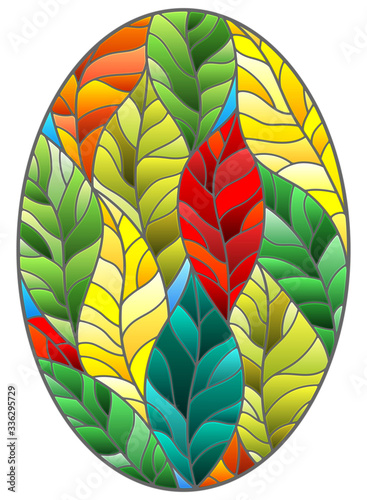 Illustration in stained glass style with colorful leaves  trees on a dark background, oval image