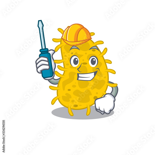 cartoon character of bacteria spirilla worked as an automotive