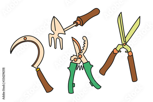 Set of vector hand drawn garden small shovel rake, pruner, sickle and metal farm secateur.