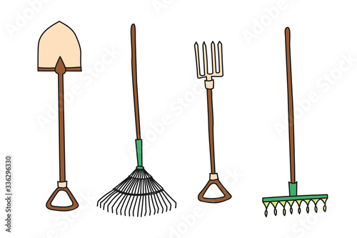 Garden shovel, pitchfork and rake. Hand drawn simple vector icon.
