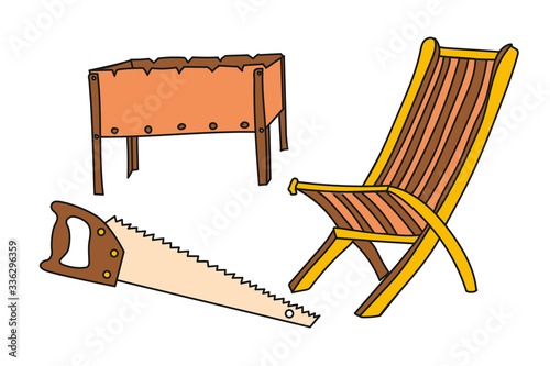 Set of deckchair, BBQ grill and saw colored vector line icon isolated on white background.