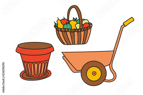 Set illustration of a wheelbarrow, wicker basket and large garden pot on a white background.