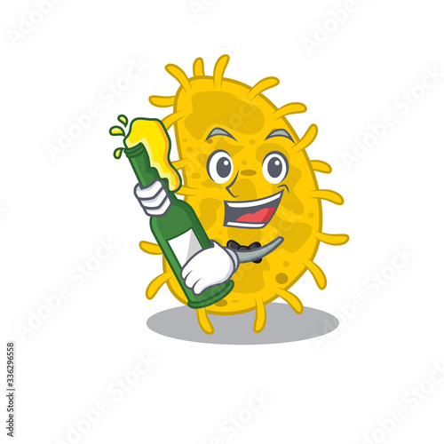Mascot character design of bacteria spirilla say cheers with bottle of beer