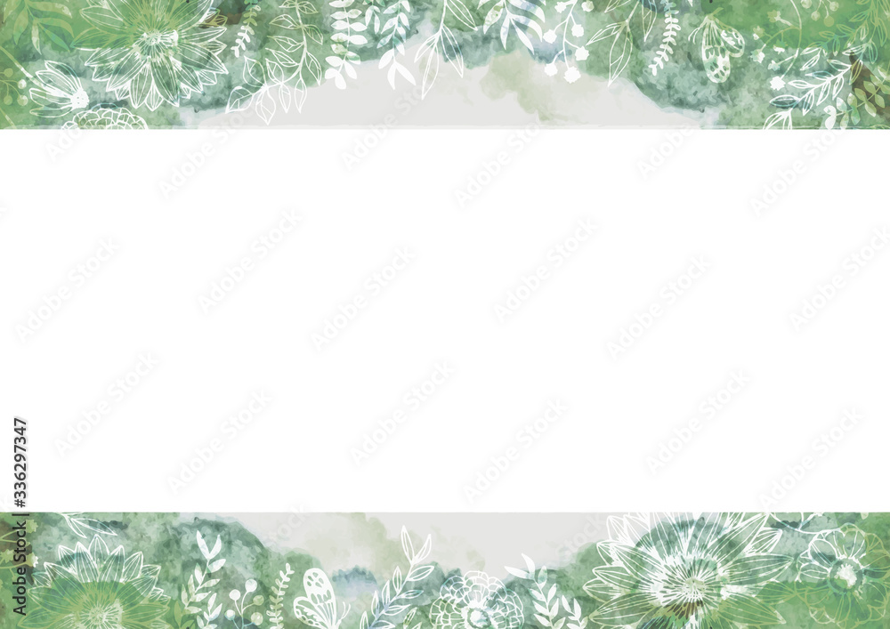 Obraz premium カラフルな水彩の背景素材 雲模様 空模様 花柄 緑色 植物柄