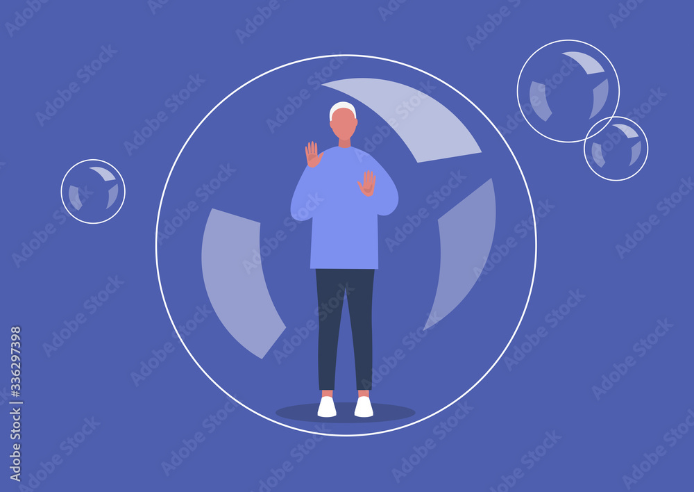Social distancing, coronavirus quarantine, young male character placed in a soap bubble Social distancing, coronavirus quarantine, young male character placed in a soap bubble