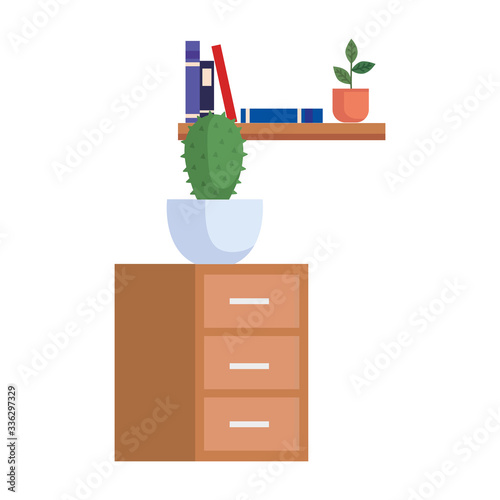 wooden drawer with cactus and books vector illustration design