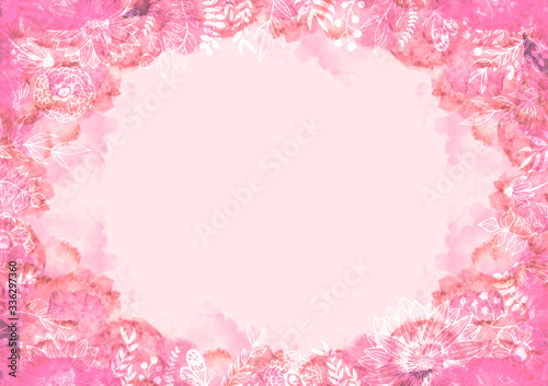 カラフルな水彩の背景素材 雲模様 空模様 花柄 植物柄 ピンク