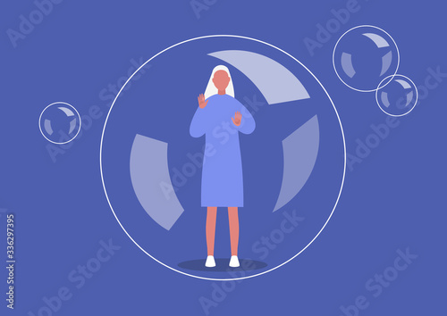 Social distancing, coronavirus quarantine, young female character placed in a soap bubble