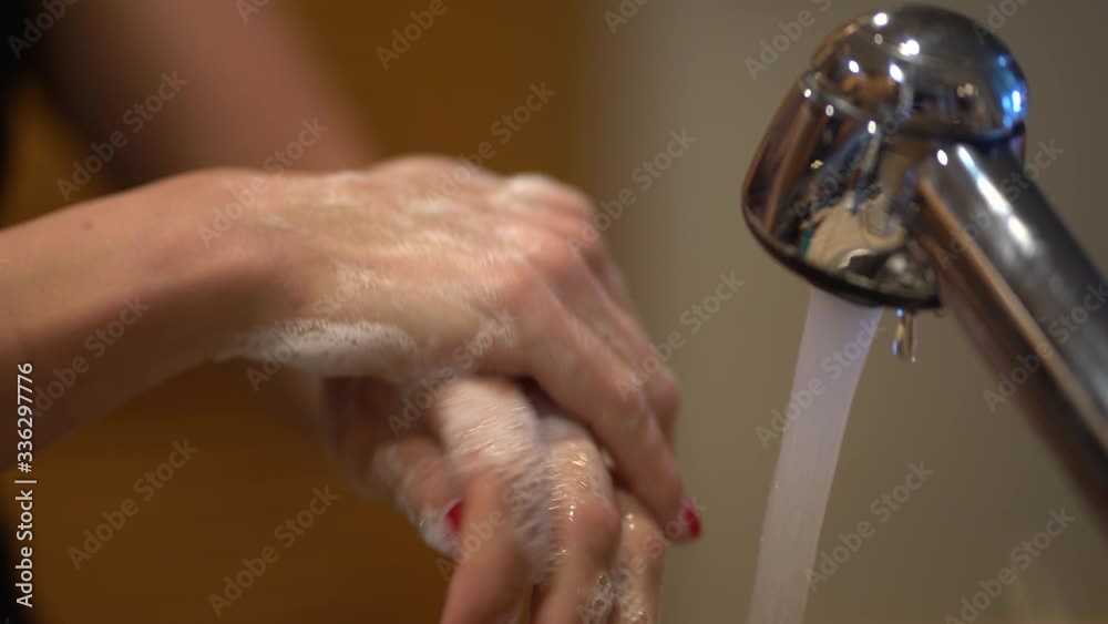 Female Washing Hands With Soap and Water Close Up. Personal Hygiene and Virus and Disease Transmission Prevention Female Washing Hands With Soap and Water Close Up. Personal Hygiene and Virus and Disease Transmission Prevention