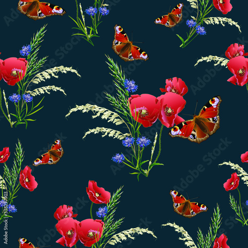 Red poppies with charming butterflies and field grass look great on a dark green background. Textile composition  template for the design of print  fabric  wallpaper.