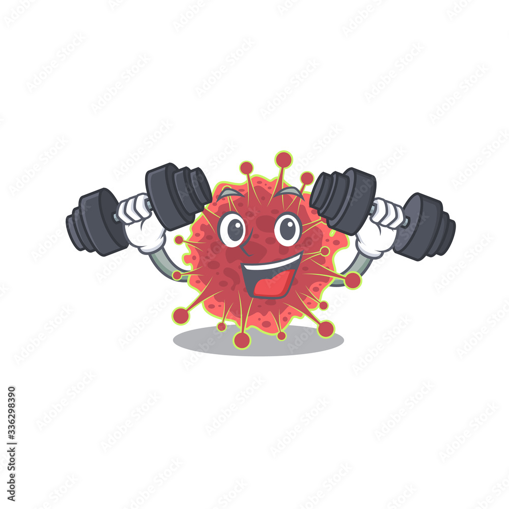 Mascot design of smiling Fitness exercise coronaviridae lift up barbells