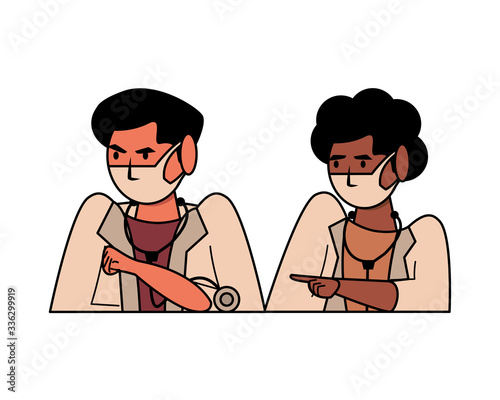 interracial doctors couple using face masks characters