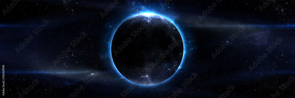 Obraz premium abstract space illustration, 3d image, moon in space in the radiance of stars, eclipse