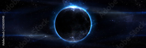 abstract space illustration, 3d image, moon in space in the radiance of stars, eclipse