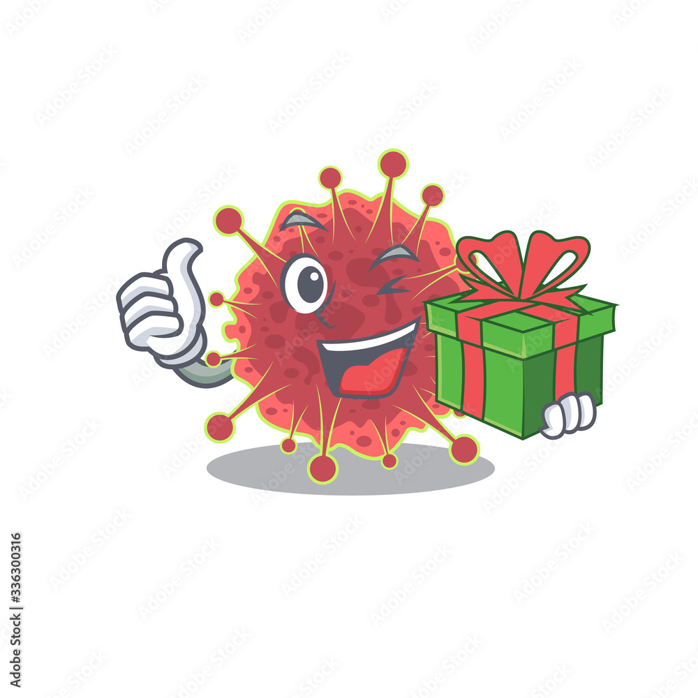 Smiling coronaviridae cartoon character having a green gift box