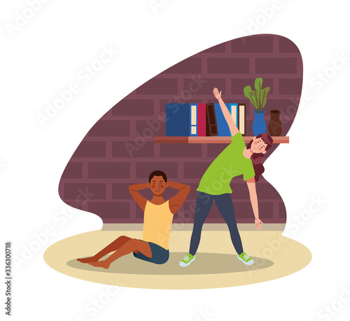 interracial couple practicing exercise in the house